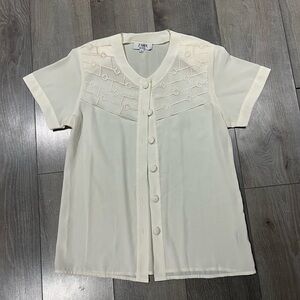 Zama Cream Embroidered Button-Front Short Sleeve Blouse